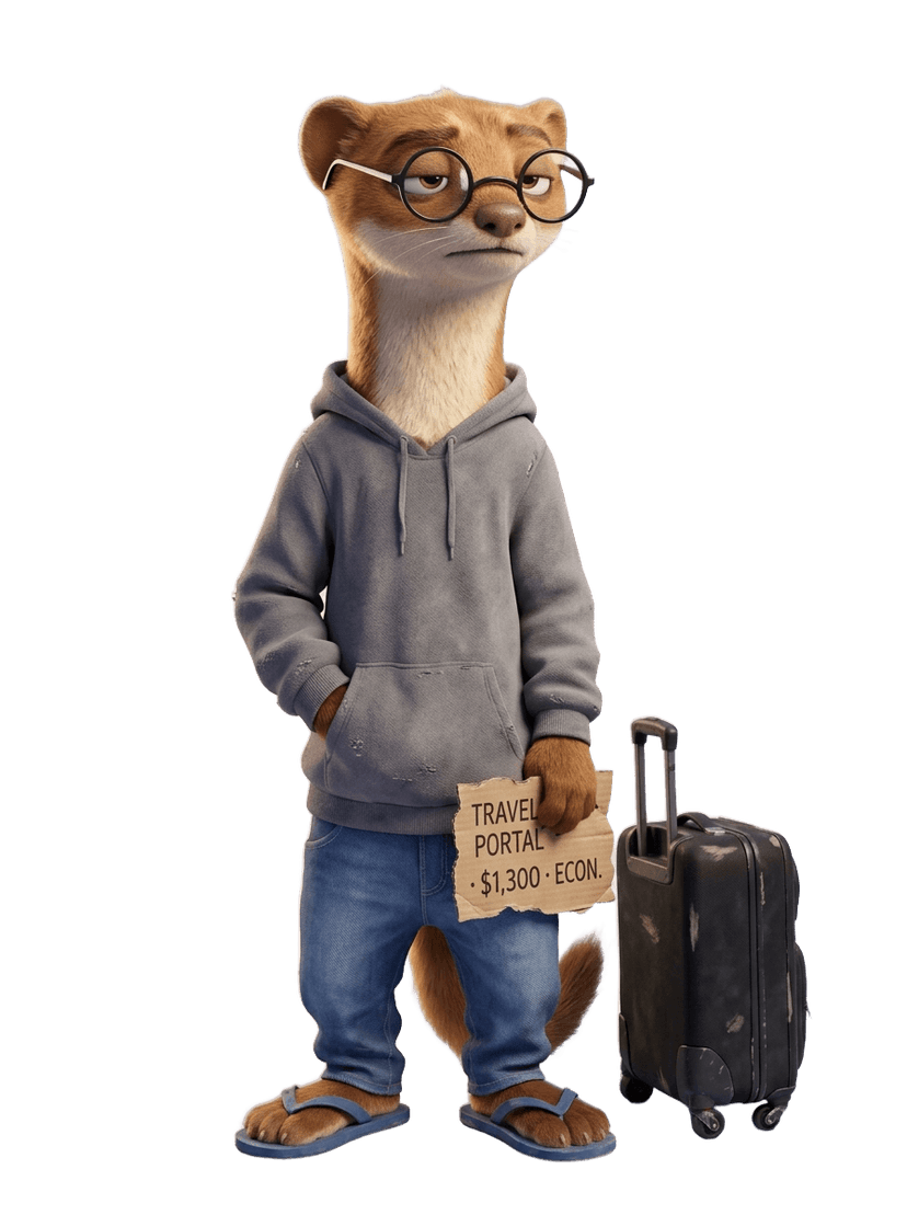 Bored weasel in a budget travel-portal getup