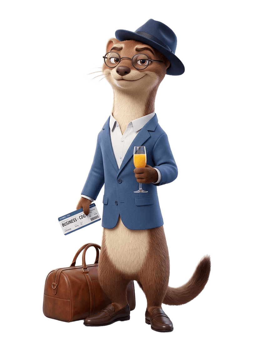 Contented weasel in a blue blazer holding a business-class boarding pass