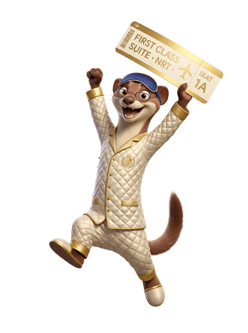 Ecstatic weasel in silk pajamas celebrating a first-class suite boarding pass