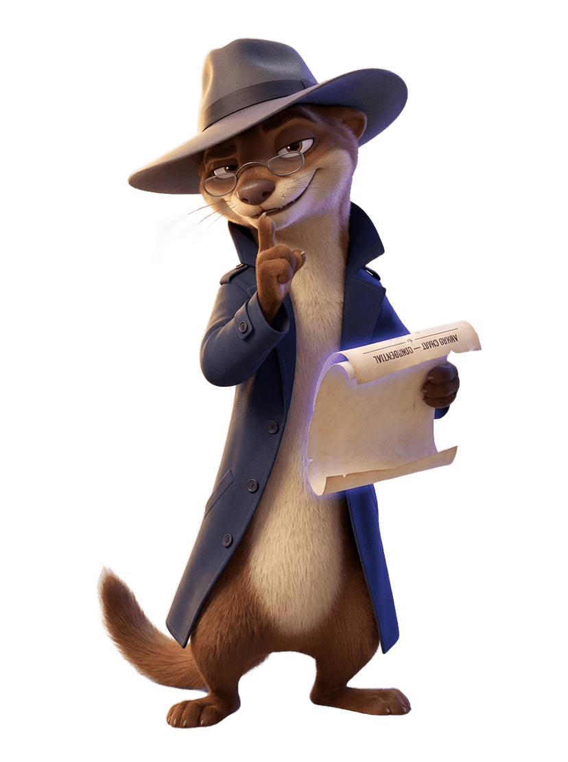 The AwardSnitch mascot whispering award-chart secrets